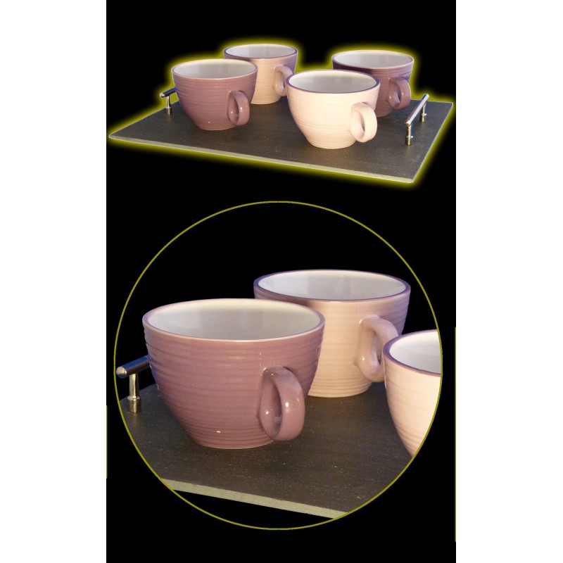Grand Plateau ardoise et 4 bols violet et rose