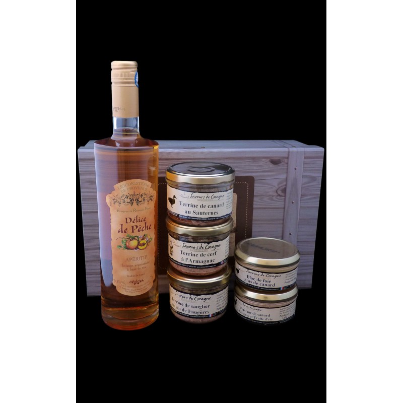 Coffret authentique terrines et vin apéritif à la pêche