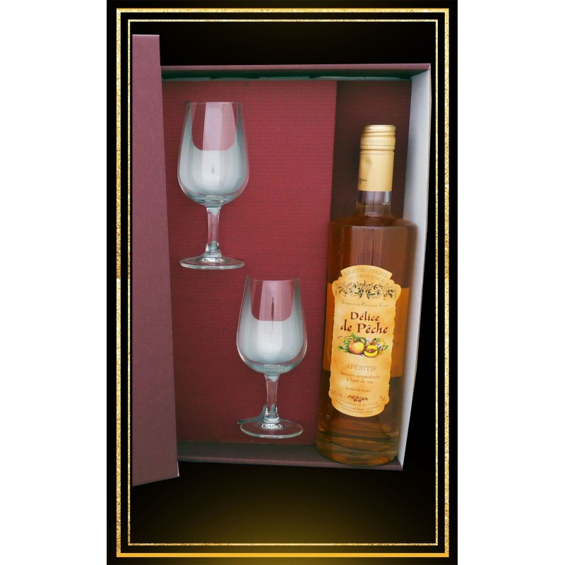 Coffret cadeau Délice de Pêche, 2 verres à vin et vin de pêche 75cl