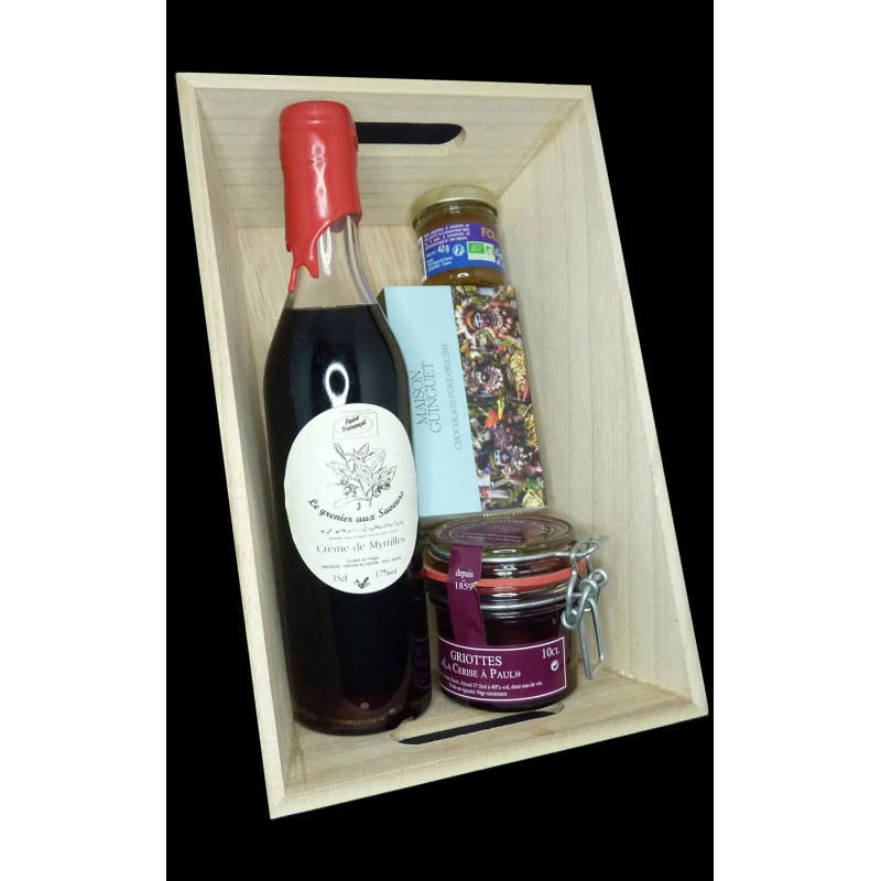 Coffret voyage gourmand Liqueur de Myrtilles, chocolat noir Papouasie Nouvelle-Guinéeet cerise griotte